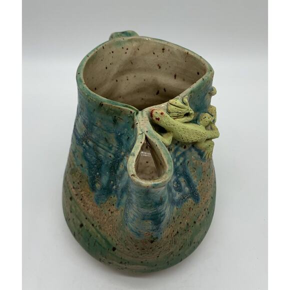 Art Pottery Pitcher Vase Blue And Green With Gecko Climbing 5” Tall - Picture 4 of 9